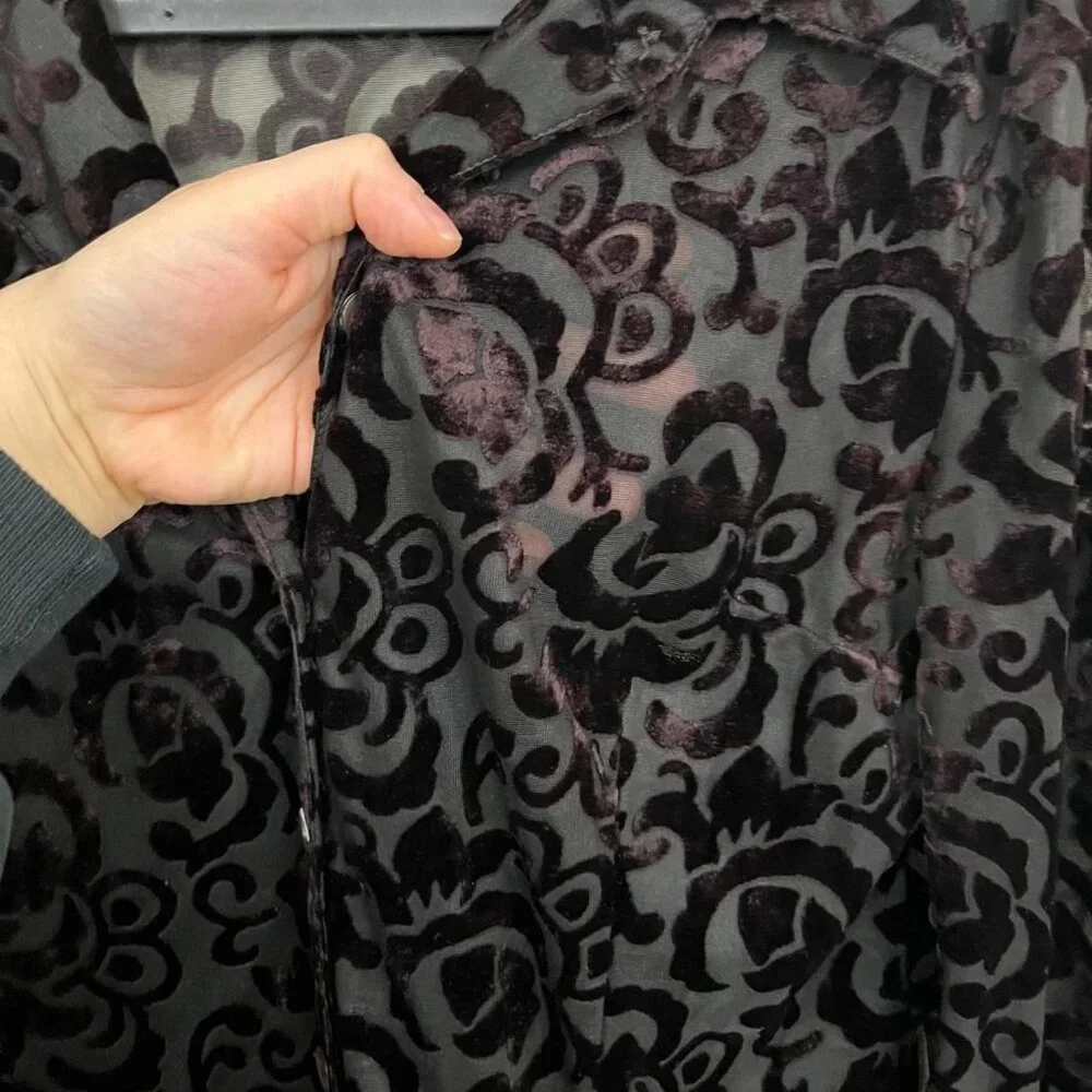 y2k dark brown boho whimsygoth grunge sheer button up top - Picture 6 of 8